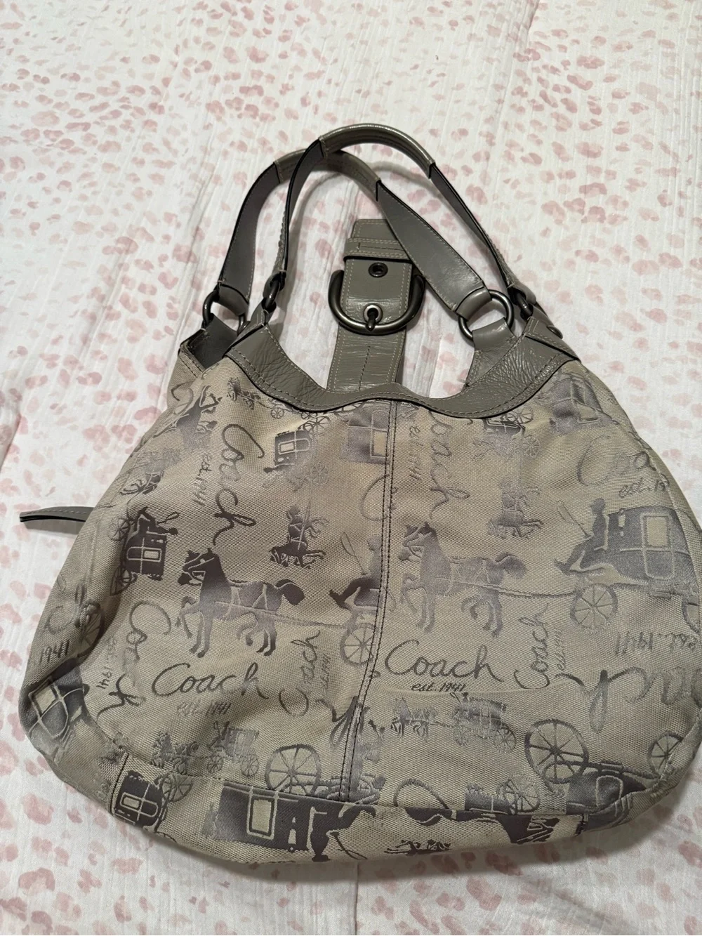 Coach Taupe Gray Logo Hobo Bag with Leather Trim